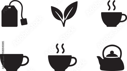 Black and white tea icons representing hot drinks and beverages for design