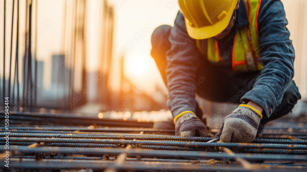 Fototapeta premium A construction worker kneeling and tying steel reinforcement bars on a building site, professional commercial photography. 