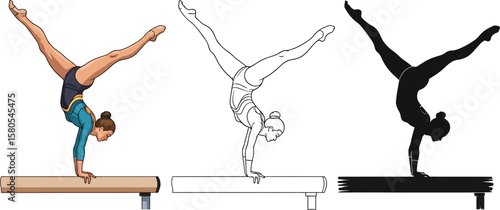 Gymnastics balance beam illustration of handstand pose in color outline and silhouette style art