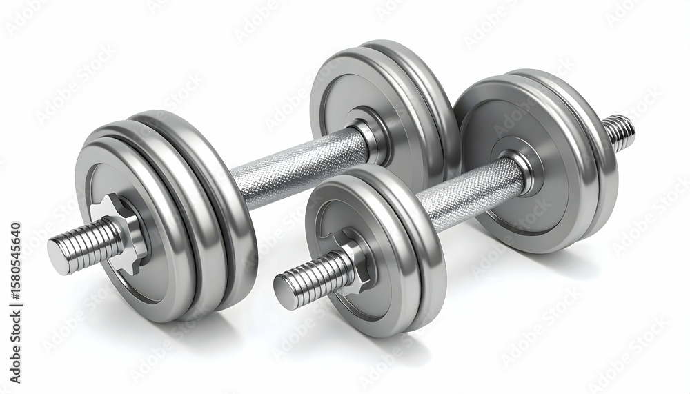 Naklejka premium Silver Metal Dumbbells on White Background