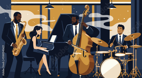 Vector SVG Illustration of a Jazz Band with Musicians Playing Saxophone Piano Double Bass and Drums in Modern Flat Style with Warm Color Palette