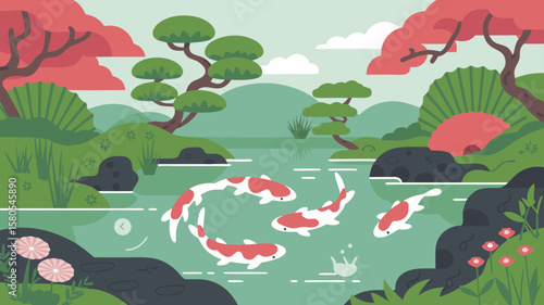 Scalable Vector SVG Illustration of a Serene Pond Scene with Koi Fish and Lush Trees in Minimalist Flat Design Style