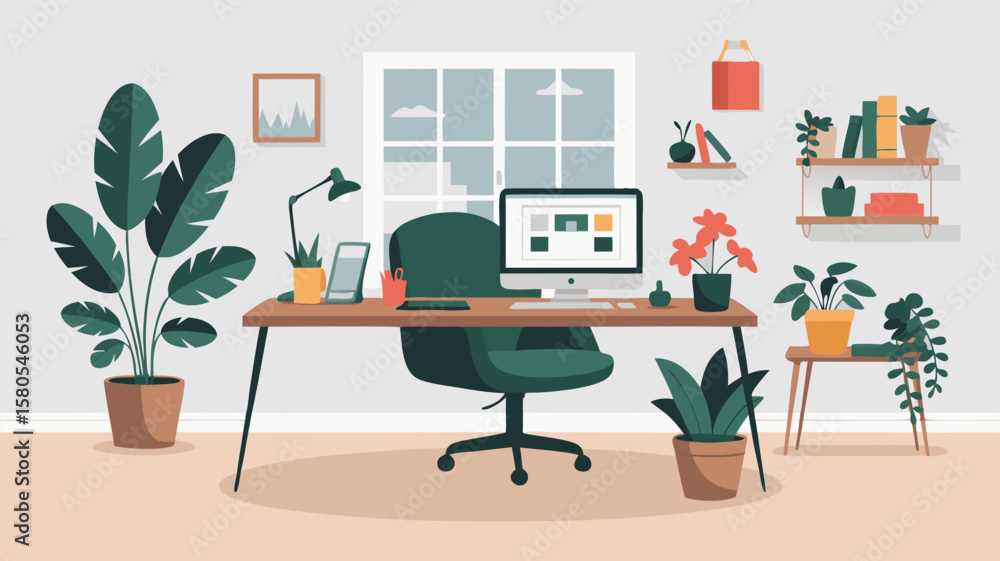Fototapeta premium Minimalist Vector SVG Illustration of a Home Office Workspace with Plants and Computer in Flat Design Style with Green and Neutral Colors