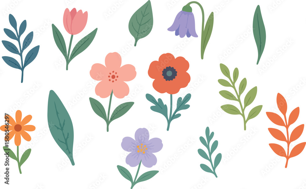 Obraz premium Delightful collection of vector flowers and leaves in a cute and playful hand drawn style