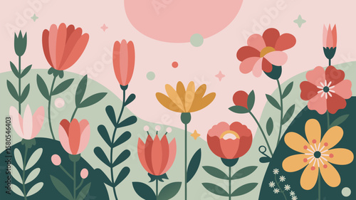 Vector Minimalist Floral SVG Illustration with Colorful Flowers and Soft Pink Background in Flat Design Style