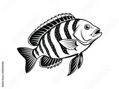 Detailed black and white illustration of a tilapia fish, a popular species