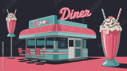 Vector SVG Illustration of Retro Diner with Milkshake Elements in Modern Flat Style Bright Colors