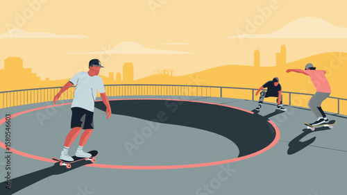 Vector SVG Illustration of Skateboarders at Skate Park in Flat Modern Style with Bright Colors