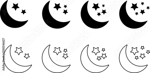 Crescent moon with star icon set. geometric star symbol. night icons. astronomical projects. drawing astrology icon design