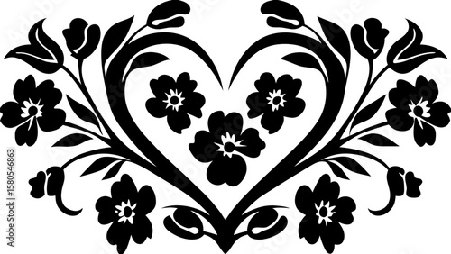 Elegant floral heart design with stylized flowers and leaves in a symmetrical arrangement motif art