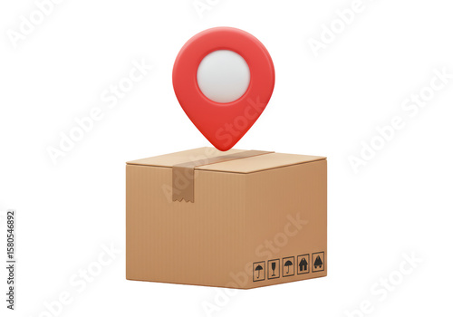Isolated Shipping Box with Red Location Pin on Top