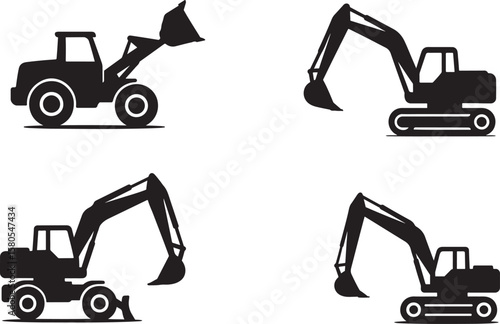 Silhouette illustrations of construction equipment including excavators and a front end loader