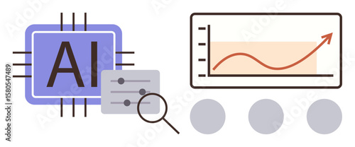 AI processor with tuning controls, magnifying glass, and graph showing upward trend. Ideal for technology, innovation, automation, data analysis, machine learning research business strategy. Clean