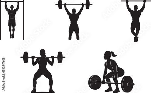 Silhouette illustrations of various weightlifting and calisthenics exercises for fitness enthusiasts
