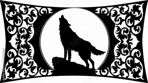 Silhouette of a howling wolf against a full moon with decorative floral borders on a black background
