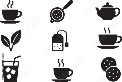 Simple black and white icons representing tea culture elements and beverages