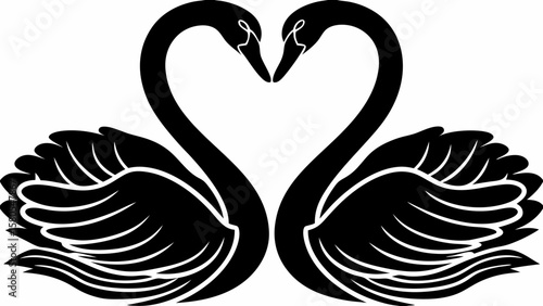 Two swans forming a heart shape with their necks in a symmetrical black and white illustration