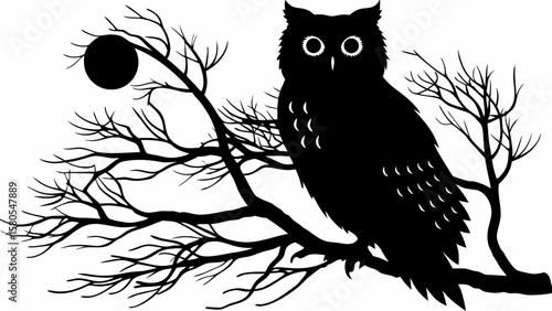 Silhouette of an owl perched on a bare tree branch with a full moon in the background at night time