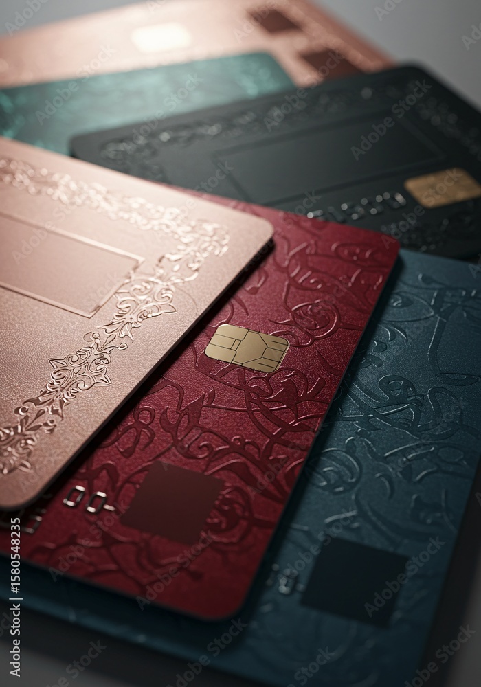 Fototapeta premium Diverse Premium Credit Card Stack Mockup with Patterns