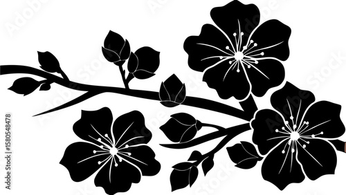 Illustration of a blossoming branch with flowers and buds in a black and white color scheme