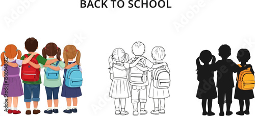 Back to school illustration of children with backpacks going to school friends schoolmates together vector