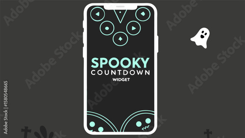 Smartphone displaying a spooky countdown widget with ghost icon and halloween themed decorations around it