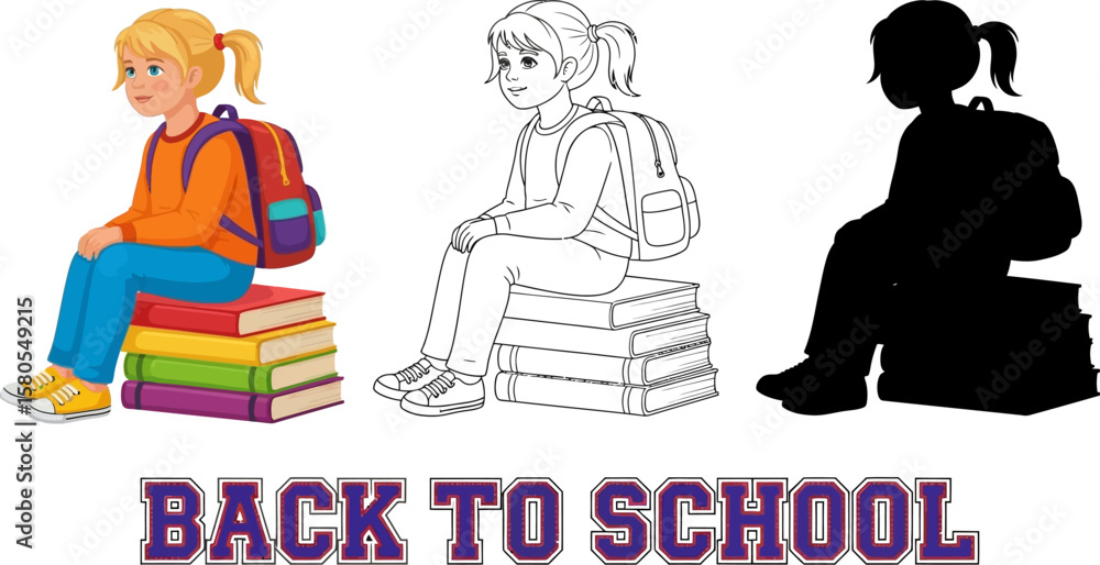 Obraz premium Back to school girl sitting on books illustration vector design for education and learning resources art