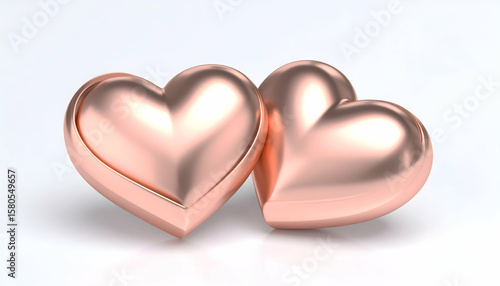 Two Rose Gold Hearts on White Background