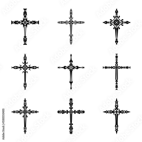 Christian cross vector icon symbols.  Abstract christian religious belief or faith art illustration for orthodox or catholic design. The symbol of the cross in various designs used in tattoo.		