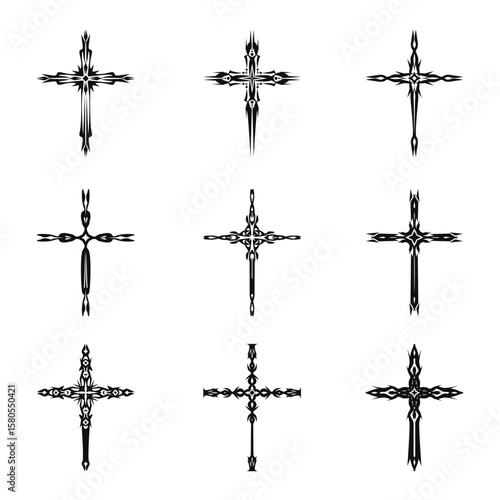 Christian cross vector icon symbols.  Abstract christian religious belief or faith art illustration for orthodox or catholic design. The symbol of the cross in various designs used in tattoo.		