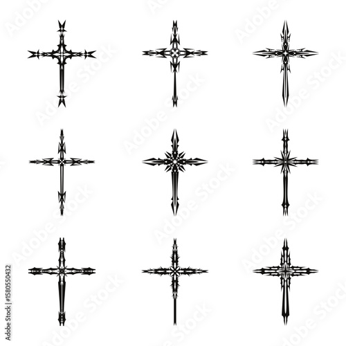 Christian cross vector icon symbols.  Abstract christian religious belief or faith art illustration for orthodox or catholic design. The symbol of the cross in various designs used in tattoo.		