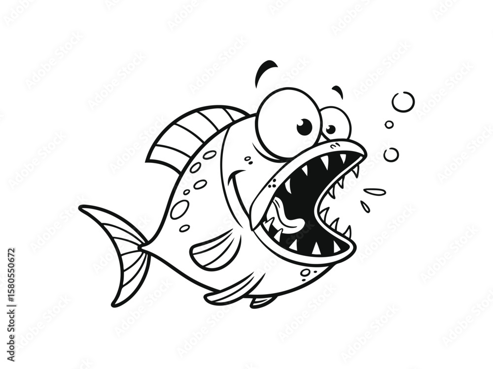 Fototapeta premium Cartoon angry fish vector line art illustration, coral reef fish silhouette illustration black and white vector, illustration of fish, logo vector illustration of bluegill fish in trendy flat