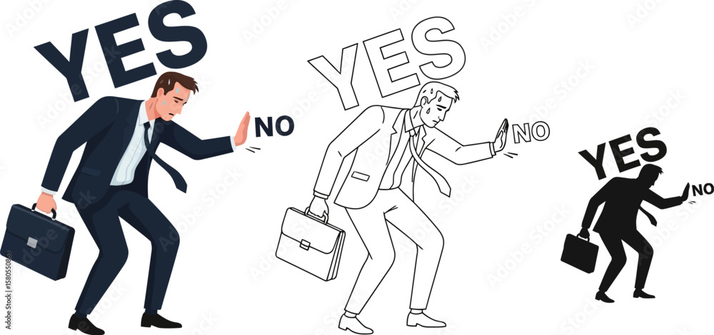 Obraz premium Business decision making concept showing yes or no choice with businessman and briefcase illustration