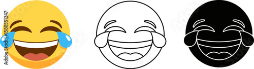 Laughing emoji vector illustration set of face with tears of joy in color outline and silhouette