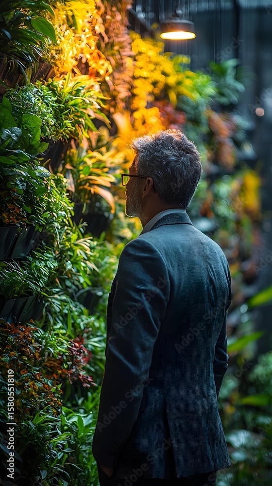 Fototapeta premium Corporate sustainability officer inspecting vertical gardens in a green certified office