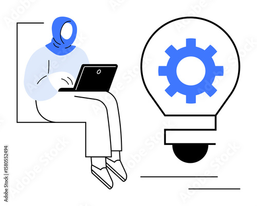 Woman in hijab using laptop while seated, next to a lightbulb with gear inside. Ideal for innovation, creativity, tech solutions, productivity, modern thinking, diversity digital learning. Simple