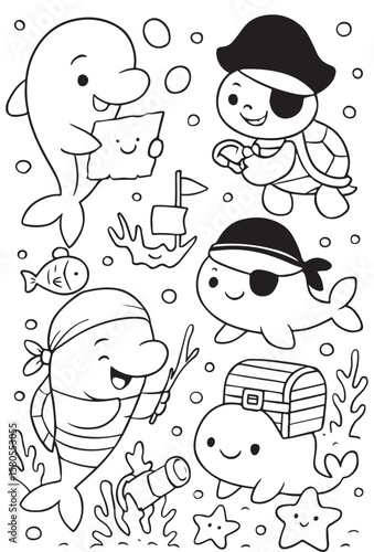 Cute Ocean Animals Underwater Scene Coloring Pages And Vector .