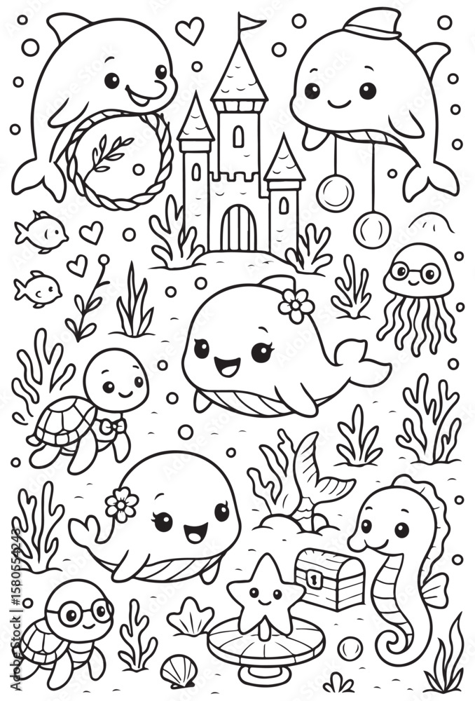 Obraz premium Cute Ocean Animals Underwater Scene Coloring Pages And Vector .