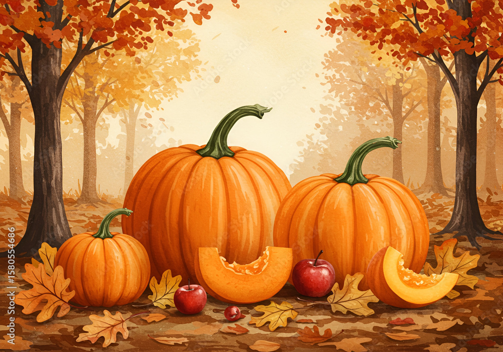 Naklejka premium Autumn pumpkins and apples in a woodland setting. Group of pumpkins and apples resting on fallen leaves in a picturesque forest scene.