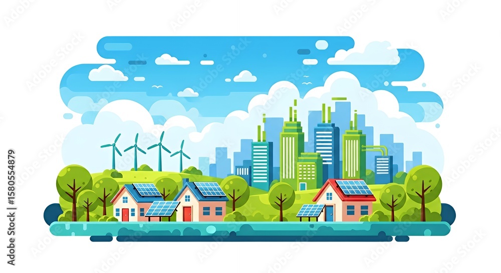 Naklejka premium Sustainable Cityscape with Wind Turbines and Solar Panels Illustration