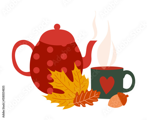 Cute hot tea in pot and cup steaming surrounded by maple and oak leaves and an acorn. Isolated autumn cozy composition.