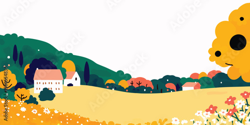 A tranquil landscape painting of quaint houses nestled amid rolling hills and a vibrant field of flowers. The scene exudes a sense of warmth, peace and idyllic living. 