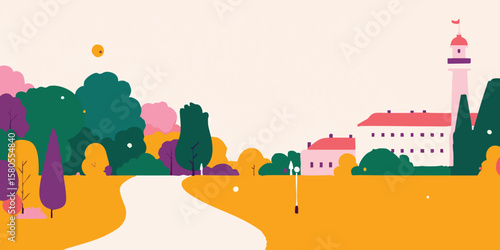 A vibrant illustration of a picturesque cityscape, with its inviting houses, and meticulously manicured trees. Capture the peace and beauty of this ideal landscape with its charm and details.