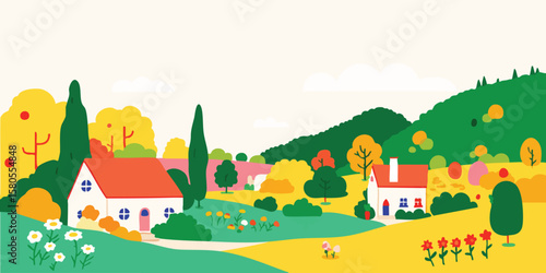 A vibrant and whimsical illustration of a serene countryside village with colorful houses and lush, stylized landscapes under a clear sky.