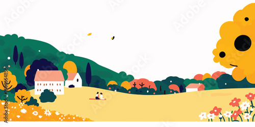 idyllic countryside landscape with charming house and couple enjoying peaceful moment.