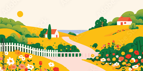 A serene landscape painting showcases a quaint countryside scene with rolling hills, charming houses, and a winding road, inviting viewers to a tranquil escape. 