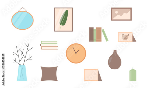 Home decoration collection including interior objects. Isolated flat elements for design such as mirror, clock and books.