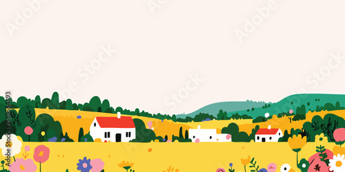 A quaint village with a serene landscape and colorful wildflower in the spring,  A idyllic scene of rural life in the sunshine. 