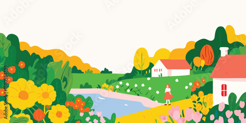 A whimsical illustration, showcasing a vibrant landscape of a picturesque village, filled with cheerful colors and a sense of rural tranquility. 