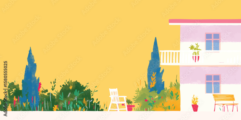 Obraz premium A charming illustration captures the essence of a serene garden scene, where lush greenery meets a building with welcoming balcony, creating a sense of peace and tranquility.